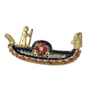 Vintage Micro mosaic brooch marked Italy, goldtone gondola with red rose